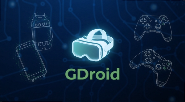 GDroid软件启动界面展示,画面中央悬浮着发光的VR头显图标,周围环绕着安卓手机与游戏手柄的线框元素,背景为深蓝色渐变科技风格,整体构图简洁大气,突出GDroid品牌标识,适配Boogu模型生成