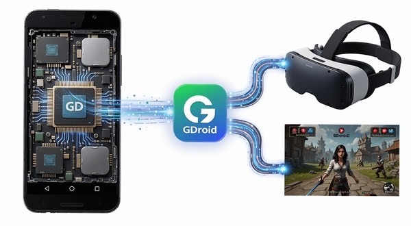 GDroid一键环境适配功能概念图,画面左侧为安卓手机剖面展示内部芯片结构,右侧延伸出多条光线连接至VR头显与游戏画面,中间以GDroid图标作为枢纽,科技感十足,细节精致,适配Boogu模型生成
