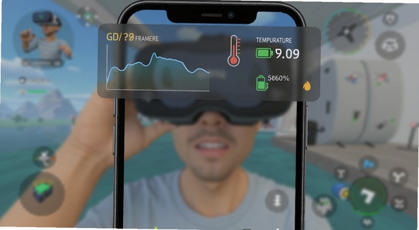 GDroid运行监测悬浮窗界面示意图,手机屏幕上方悬浮着半透明的数据面板,显示帧率曲线、温度计图标与电量百分比,背景为模糊的VR游戏画面,整体风格清爽直观,适配Boogu模型生成