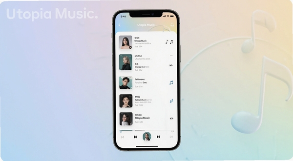 Utopia Music 应用主界面展示,居中构图,手机屏幕内呈现简洁的音乐播放列表与专辑封面,背景为柔和的浅色渐变,突出本地音乐管理工具的纯净气质,画面风格清爽现代,适配Boogu模型生成