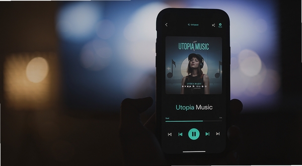 Utopia Music 深色模式播放界面,手机屏幕显示深色背景下的专辑封面与播放控制区,强调色为青绿色,背景为暗调环境与模糊光斑,突出夜间使用的舒适视觉感受