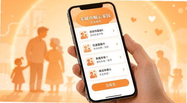 羊城巾帼云家园活动报名页面预览,画面主体为手机屏幕特写,显示活动列表与报名按钮,背景为温暖的浅橙色光晕与抽象的家庭剪影元素,风格温馨现代,细节清晰,突出便捷操作感受