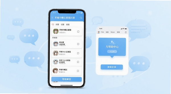 羊城巾帼云家园问答帮助页面示意,画面主体为手机屏幕显示问答列表与帮助中心入口,背景为柔和的浅蓝色渐变与抽象对话气泡元素,风格简洁清晰,突出问题解答场景