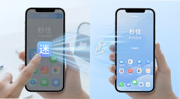 展示迷住软件秒开启动的对比场景,画面左侧为手机点击迷住图标的瞬间,右侧为软件主界面已经加载完成,用速度线条和光效表现快速响应的感觉,整体色调清爽明亮,突出轻量流畅的产品气质