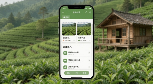 茶田小筑应用主界面全貌展示,画面中央为手机屏幕特写,屏幕内呈现茶园地块卡片与农事待办列表,背景为虚化的绿色茶田与木质小筑,整体色调清新自然,构图居中,适配Boogu模型生成