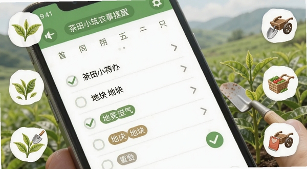茶田小筑农事提醒功能界面特写,手机屏幕显示日历式待办清单与地块标签,周围点缀茶叶与农具小图标,画面明亮简洁,突出提醒与勾选操作细节,适配Boogu模型生成