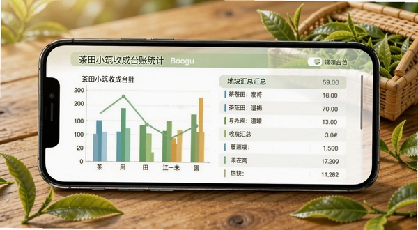 茶田小筑收成台账统计页面展示,手机屏幕呈现柱状图与地块汇总列表,背景为暖色调木质桌面与新鲜茶叶,画面细节清晰,突出数据可视化效果,适配Boogu模型生成