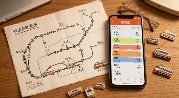 一张俯视角度的桌面场景图,木质桌面上平铺着一张手绘风格铁路线路图,图旁放置一部显示铁友高铁票查询车次列表的手机,手机屏幕用高亮色块标出早班与晚班车次,旁边散落几枚列车造型的小徽章,光线柔和,色调温暖,体现查询车次的日常使用氛围