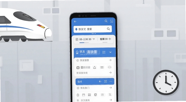 画面中央放置一部竖屏安卓手机,屏幕显示蓝白色调的列车时刻查询界面,顶部有车次搜索框与日期选择条,背景为浅灰色渐变的工作台面,左上角点缀一列白色高铁车头剪影,右下角放置一个简约时钟图标,整体风格清爽扁平,突出铁友高铁票查询的核心查询场景