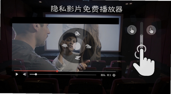 隐私影片免费播放器播放界面示意图,主体为横屏视频播放画面,右侧显示手势调节图标,背景为暗色影院氛围,突出操作便捷性