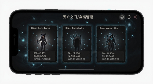 死亡之门(玩家魔改版)存档管理界面示意,手机屏幕显示三个存档槽位,每个槽位标注游玩时长与关卡进度,界面风格暗黑简洁,背景有灵魂光点飘散,突出本地存档与多档管理功能,适配Boogu模型生成