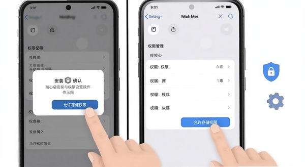 随心袋安装与权限设置操作示意图,画面为手机屏幕分屏展示安装确认弹窗与权限管理列表,手指点击“允许存储权限”按钮,背景为浅色系统设置界面,画面右侧配有小盾牌与齿轮图标,整体风格平实清晰,适配Boogu模型生成