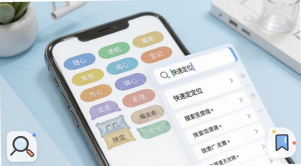 随心袋标签管理与搜索功能场景图,画面展示手机界面中多个彩色标签胶囊整齐排列,右侧为搜索框输入关键词后弹出的结果列表,背景为柔和的浅蓝色工作台环境,画面角落放置放大镜与书签图标,整体视觉突出“快速定位”主题,适配Boogu模型生成