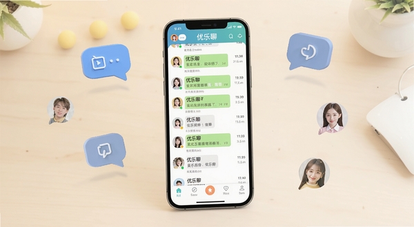 优乐聊软件主界面全貌展示,画面中央是手机屏幕,屏幕内呈现优乐聊聊天列表与底部导航栏,背景为浅色渐变桌面环境,周围点缀聊天气泡图标与好友头像元素,整体风格清爽现代,适配Boogu模型生成