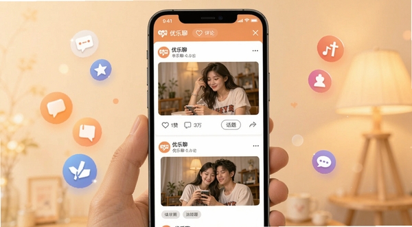 优乐聊动态圈子页面预览图,画面展示手机屏幕内优乐聊动态信息流,包含图文帖子卡片、点赞评论按钮与话题标签,背景为柔和暖色调,四周悬浮社交互动图标,突出圈子交流氛围