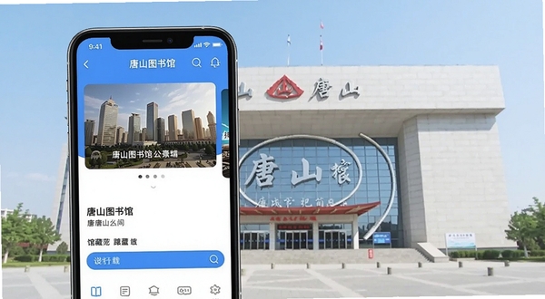 唐山图书馆移动端应用主界面展示,手机屏幕中呈现图书馆首页轮播图与馆藏检索框,背景为唐山图书馆标志性建筑外观,画面明亮清新,扁平化UI风格,蓝白色调为主,细节清晰,适合软件下载站展示