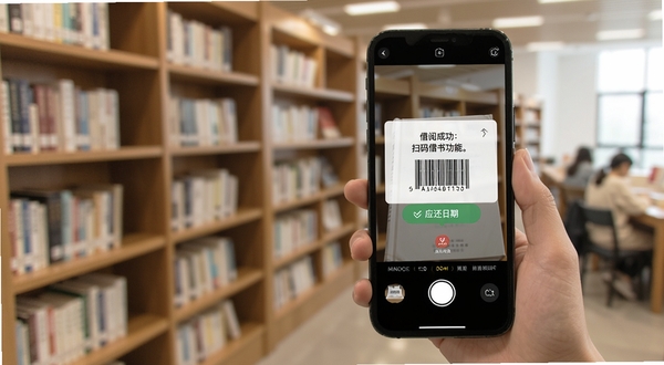 唐山图书馆应用内扫码借书功能界面,手机摄像头对准图书条形码,屏幕显示借阅成功提示与应还日期,背景为图书馆书架场景,光线柔和,科技感与人文气息结合,画面比例为16比9