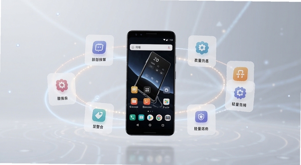 何小萌轻量整合功能概念图,画面中央是一部安卓手机,周围环绕多个功能模块图标以卡片形式悬浮排列,背景为柔和浅灰科技感渐变,突出简洁与高效