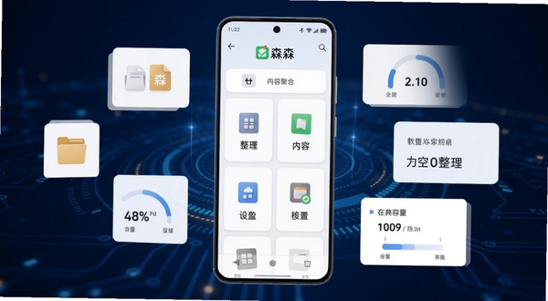 森森软件主界面全貌展示,手机屏幕居中放置在深蓝色科技感背景中央,界面为浅色卡片式布局,顶部显示森森标识,中部为空间整理与内容聚合功能入口,四周环绕文件图标与存储容量图形,整体风格干净清爽,适合安卓应用介绍配图