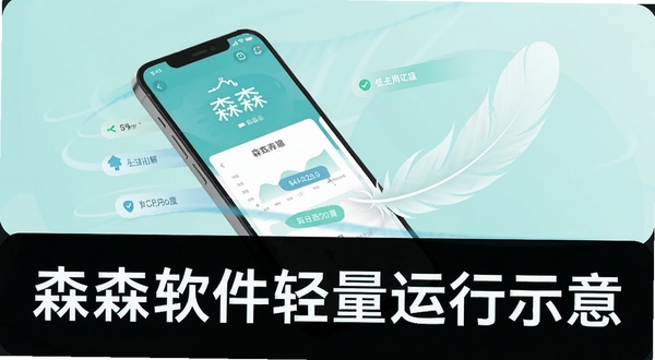 森森软件轻量运行示意,手机与羽毛、速度线条组合构图,屏幕显示森森界面与低占用数据标签,背景为淡青色柔和渐变,传达轻快流畅的使用感受