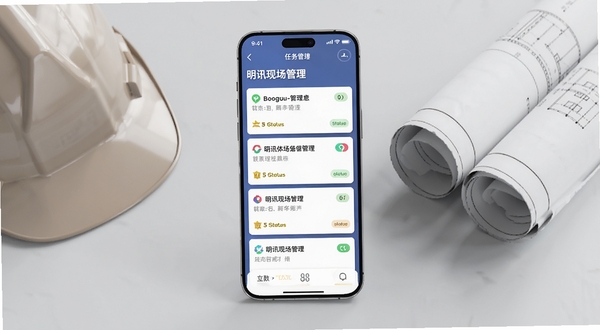 Boogu-Image生成一张手机界面预览图,画面中央是一部现代智能手机,屏幕上显示明讯现场管理的任务列表页面,包含多条任务卡片和状态标签,背景为浅灰色办公桌面,旁边放置安全帽与图纸卷,整体风格简洁写实,光线明亮柔和