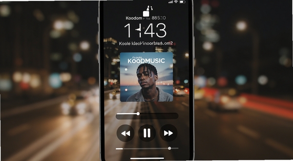 KoodMusic锁屏播放控制界面,手机锁屏状态显示专辑封面与播放进度条,背景为模糊的城市夜景灯光,写实风格