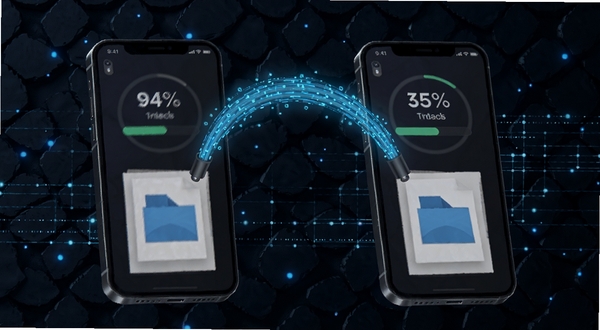 Link Mesh 文件传输进行中的场景图,画面主体为两部并排的手机,屏幕之间用发光的弧形数据线连接,屏幕上显示传输进度百分比与文件缩略图,背景为深色科技纹理,点缀蓝色光点与网格线条,营造高速数据流动的视觉感受,适配 Boogu 模型生成