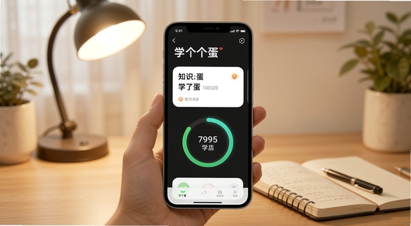 整体展示学个蛋应用主界面与学习卡片场景,画面中央为手机屏幕呈现知识卡片与进度环,背景为书桌台灯与笔记本的温馨学习氛围,构图简洁明亮,突出学个蛋品牌名称