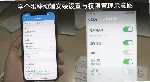 学个蛋移动端安装设置与权限管理示意图,画面展示手机设置界面与应用权限开关,风格简洁说明性强,突出学习工具的安全使用场景