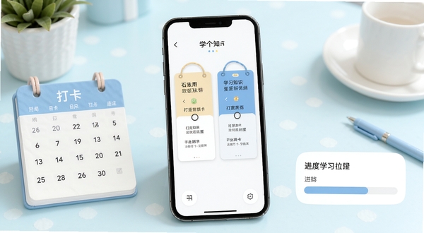 学个蛋知识卡片翻转学习场景,手机屏幕上显示问答卡片正反面对比,旁边有打卡日历与进度条元素,色调清爽,适合学习工具宣传图