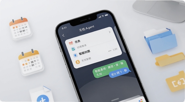 无忧Agent 移动端智能助手界面全景展示,画面中央为手机屏幕特写,屏幕上呈现简洁的任务卡片与智能对话气泡,背景为浅灰渐变的桌面环境,周围点缀日程图标与文件标签,整体风格清爽现代,突出智能助手核心定位