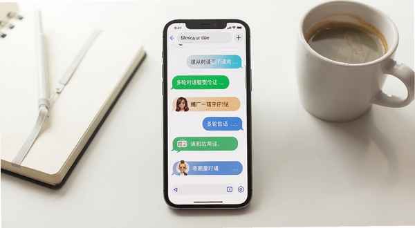 Monica智能助手多轮对话界面展示,手机屏幕中呈现连续问答气泡,背景为柔和浅色办公桌面,旁边放置笔记本与咖啡杯,画面风格写实清新