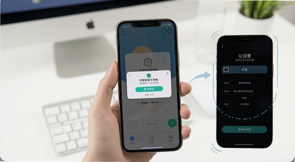 梦幻语音手机端操作步骤示意图,画面为一只手握着手机,屏幕上显示安装权限弹窗与设置选项,背景为简洁的桌面环境,色调明亮,突出新手引导氛围
