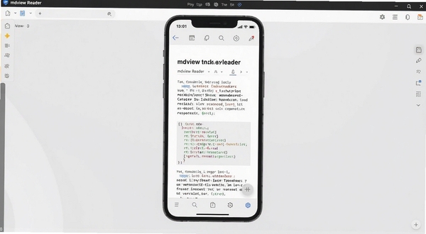 mdview Reader 软件主界面展示,手机屏幕中央打开一份Markdown文档,标题与代码块排版清晰,背景为浅灰色简约风格,整体画面干净明亮,适配Boogu模型生成