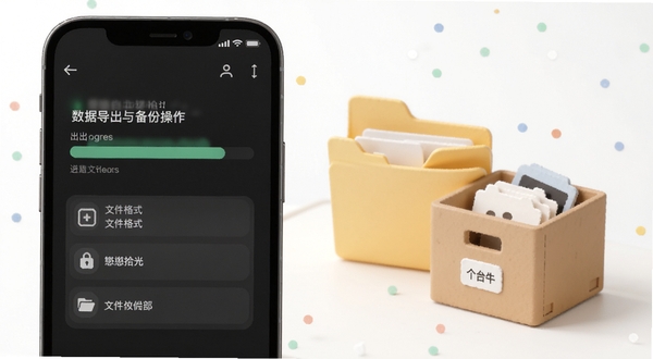 拾光数据导出与备份操作界面示意图,手机屏幕显示导出进度条与文件格式选项,画面一侧为文件夹与存档盒的意象化元素,背景简洁干净,突出数据自主管理的安心感