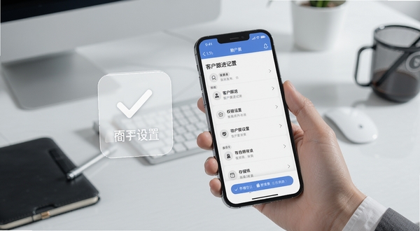 傲融CRM移动端使用场景示意图,画面为一只手拿着手机展示客户跟进记录页面,旁边有勾选权限设置的半透明图标与存储空间提示元素,背景为简洁的浅灰办公桌面,整体风格清晰直观