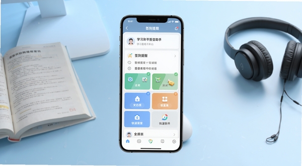 学习通签到助手软件主界面全貌展示,画面中央为手机屏幕特写,屏幕内呈现签到提醒列表与快捷入口卡片,背景为浅蓝色渐变书桌场景,桌面摆放课本与耳机,整体风格清爽简洁,适配Boogu模型生成