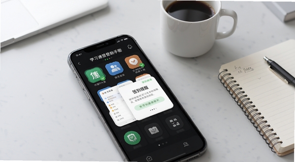 学习通签到助手功能展示图,画面主体为手机界面中排列整齐的快捷入口图标与签到提醒卡片,背景为淡灰色办公桌面,旁边放置一杯咖啡与笔记本,光线柔和,突出界面清晰易读的特点