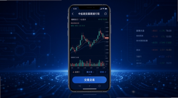 中航期货翼期通行软件启动界面展示,手机屏幕居中显示期货行情K线图与交易按钮,背景为深蓝色金融科技风格,画面简洁大气,突出移动端期货交易场景
