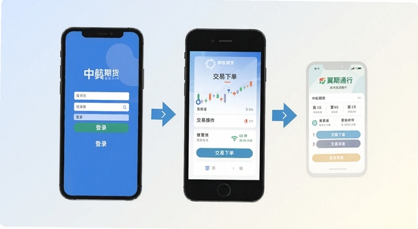 中航期货翼期通行移动端操作示意图,手机屏幕展示登录界面与交易下单流程,画面采用扁平化设计风格,配以简洁的步骤指引箭头,背景为浅色渐变