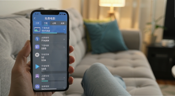免费电影高清播放器缓存管理页面,手机屏幕显示下载队列与存储空间占用条,界面配色以蓝灰为主,图标清晰,场景为日常居家沙发环境,光线柔和
