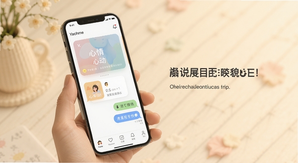 说来心动 应用界面全貌展示,手机屏幕居中偏左,浅暖色调背景,界面包含心情卡片与聊天气泡元素,整体风格清新简洁,适合社交软件宣传图
