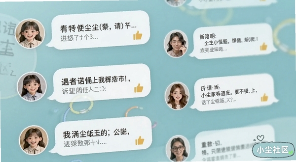 小尘社区社区互动界面特写,画面中显示多个用户头像与话题气泡,气泡内包含讨论文字与点赞图标,背景为柔和的蓝绿色调,整体呈现轻松活跃的社区交流氛围,角落带有小尘社区字样标识