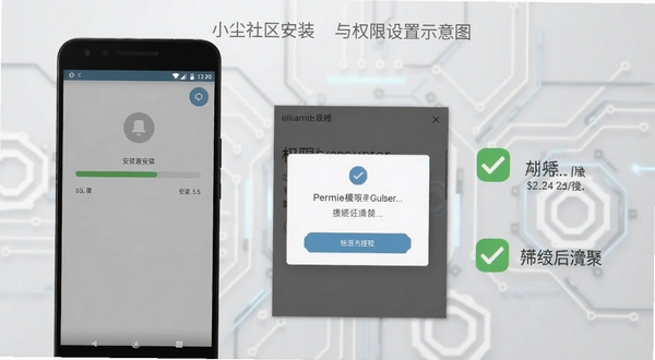 小尘社区安装与权限设置示意图,画面展示安卓手机屏幕上的安装进度条与权限授权弹窗,旁边配有勾选与提示图标,背景为浅灰色科技感线条,整体风格简洁明了,突出操作指引主题