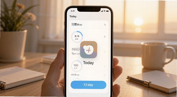 Today应用主界面展示,手机屏幕中呈现习惯打卡列表与进度圆环,背景为柔和晨光色调的书桌场景,画面中心突出Today应用图标与打卡按钮,整体风格清新简约,适配Boogu模型生成