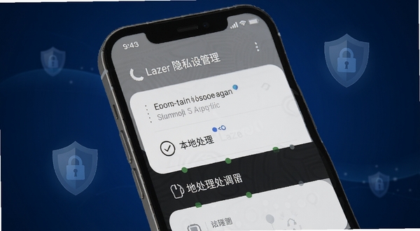 Lazer 应用隐私设置页面示意图,手机界面显示权限管理列表与本地处理标识,画面主体为手机屏幕特写,背景为深蓝色渐变,带有盾牌图标元素,整体风格稳重可信