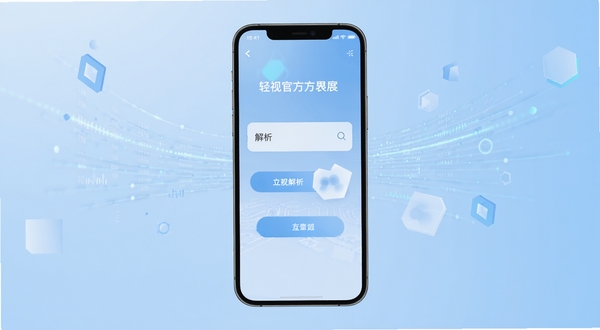轻视解析app官方主界面展示,手机屏幕居中放置,画面主体为简洁的解析输入框与功能按钮,背景为浅蓝渐变科技感底色,四周点缀数据流光线与几何图形,整体风格清爽现代,突出轻量工具属性