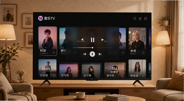 SU音乐TV主界面全貌,客厅电视屏幕上展示音乐卡片式布局,中央为播放控制区,背景为暖色家居环境,画面主体位于屏幕中央区域,四周环绕歌单封面与分类入口,高清写实风格