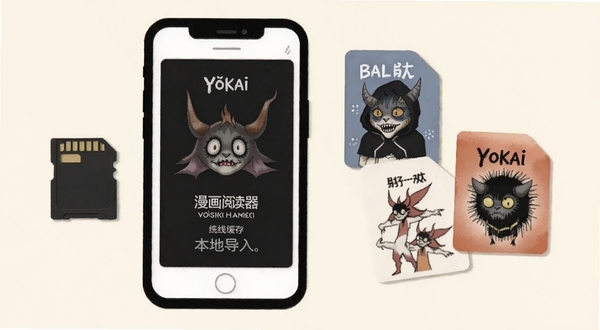 Yōkai 漫画阅读器离线缓存与本地导入功能示意,手机旁放置存储卡与漫画文件图标,浅色背景,扁平插画风格,画面干净