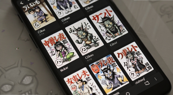 Yōkai 安卓漫画阅读器多源聚合书架界面展示,手机屏幕中排列着多个漫画封面网格,背景为深色简约风格,柔和光线,细节清晰